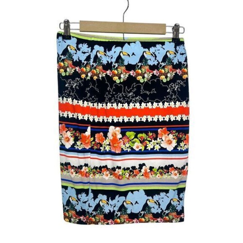 Riani Pencil Skirt Small Tropical Toucan Floral Jersey Knit Stretch Pull-on Mini